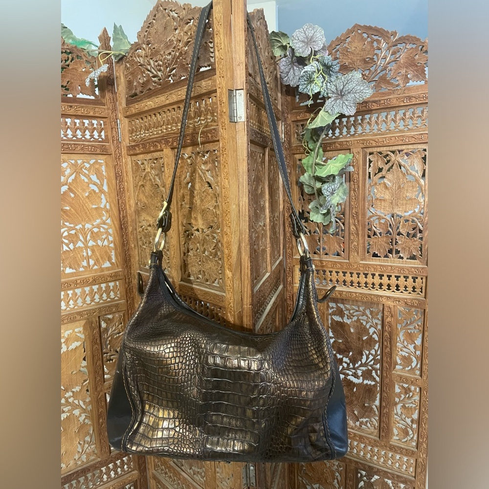 Metallic Croc-Embossed Shoulder Bag
